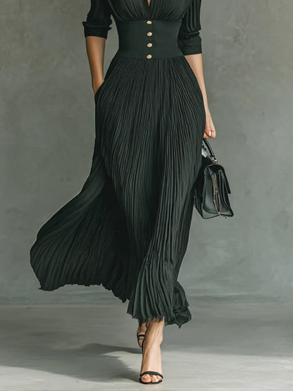 Avero | Elegant pleated long dress with long sleeves, notch collar, and cinched waist
