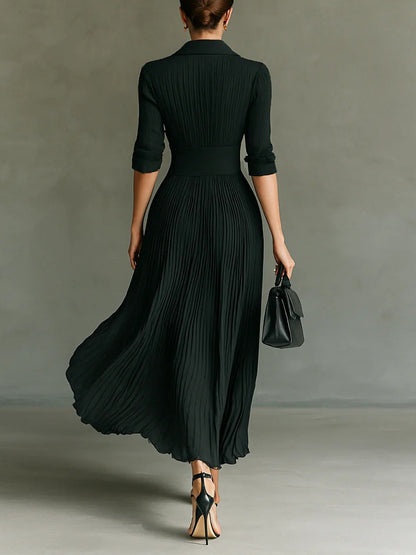 Avero | Elegant pleated long dress with long sleeves, notch collar, and cinched waist