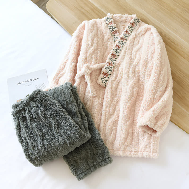 Ownkoti Vintage Style Embroidered Plush Fleece Pajama Set for Cozy Comfort