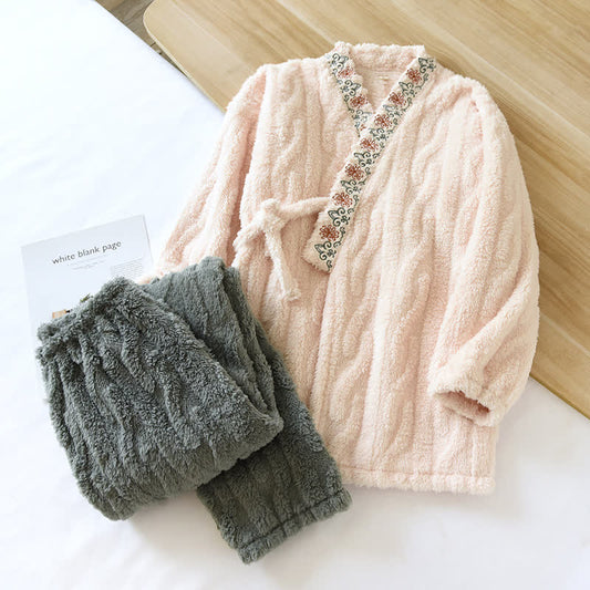 Ownkoti Vintage Style Embroidered Plush Fleece Pajama Set for Cozy Comfort