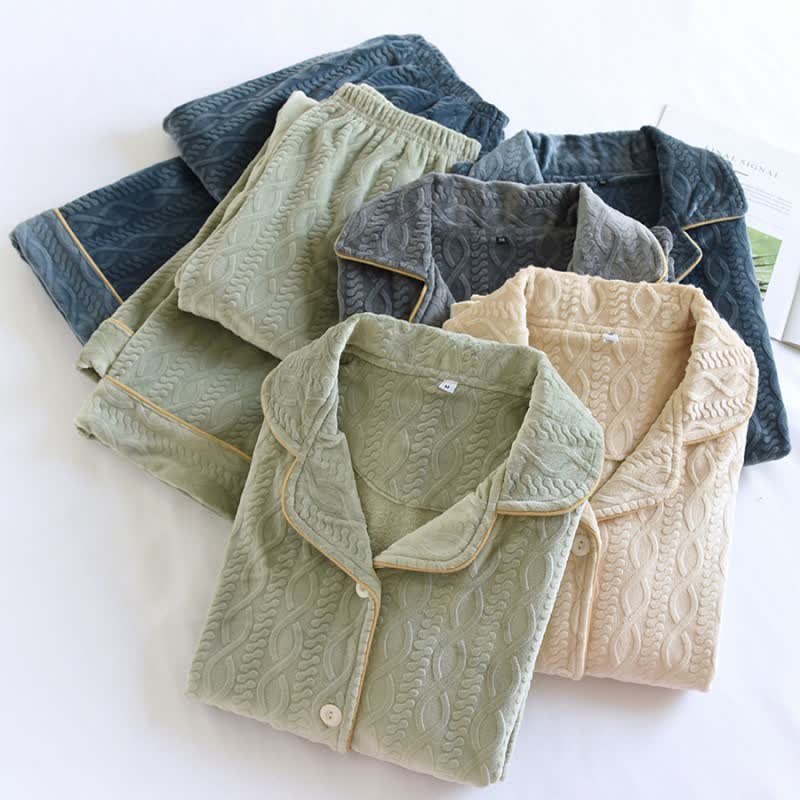 Ownkoti Unisex Solid Color Flannel Pajama Set with Classic Lapel Design