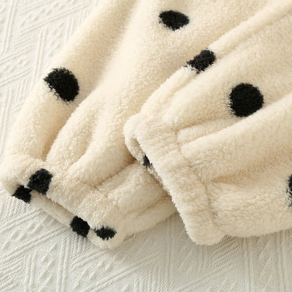Ownkoti Polka Dot Long Sleeve Fleece Pajama Set - Cozy and Stylish Nightwear for Ultimate Comfort