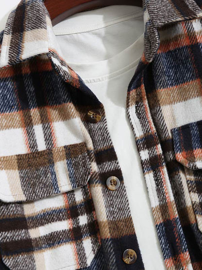 Vintage Thick Wool Plaid Men's Jacket with Double Pockets and Stylish Notch