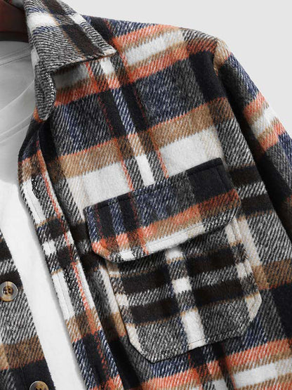Vintage Thick Wool Plaid Men's Jacket with Double Pockets and Stylish Notch