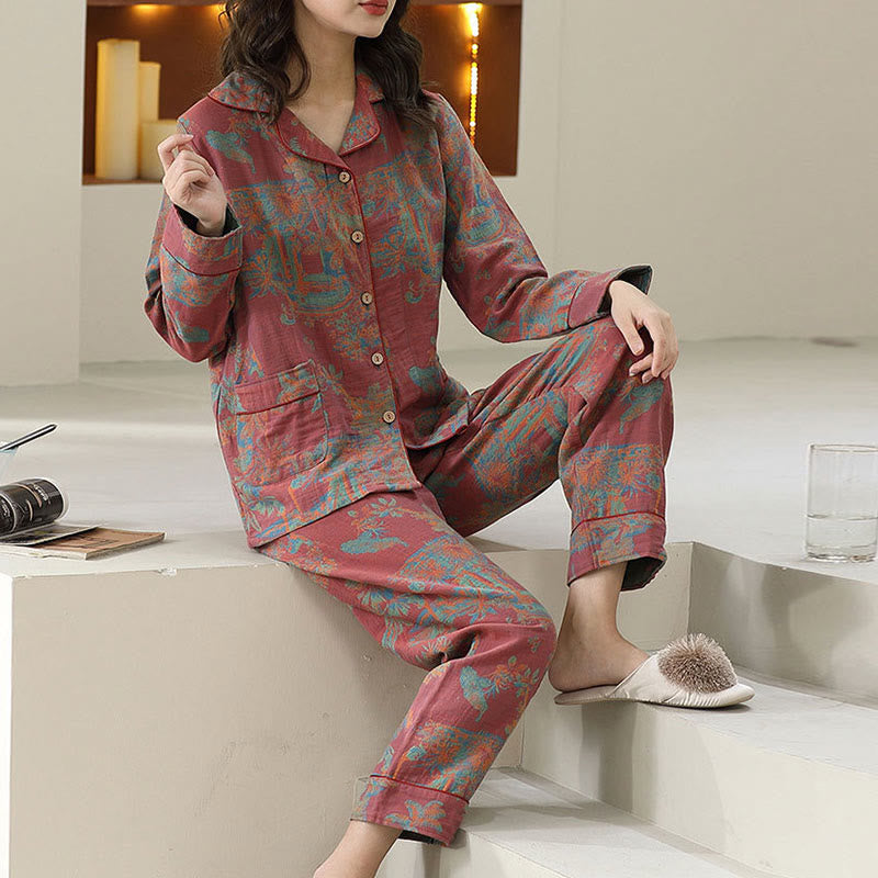Ownkoti Floral Print Cotton Loungewear Set with Double-Layer Comfort
