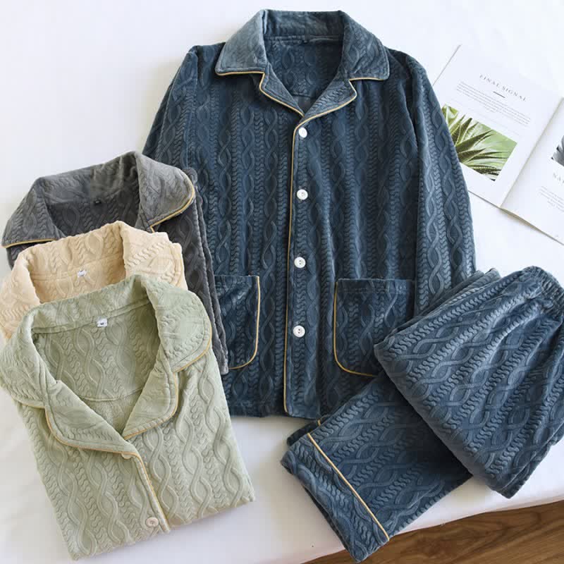 Ownkoti Unisex Solid Color Flannel Pajama Set with Classic Lapel Design