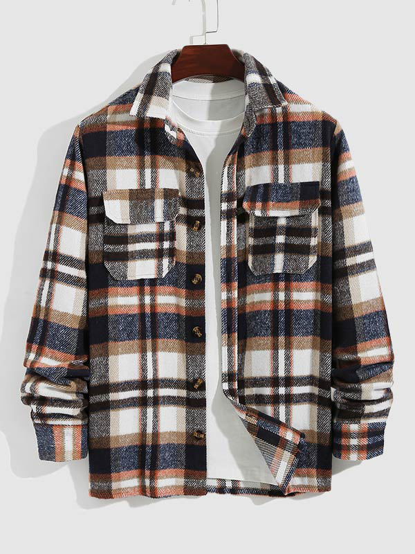 Vintage Thick Wool Plaid Men's Jacket with Double Pockets and Stylish Notch