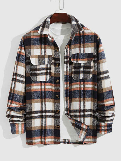 Vintage Thick Wool Plaid Men's Jacket with Double Pockets and Stylish Notch