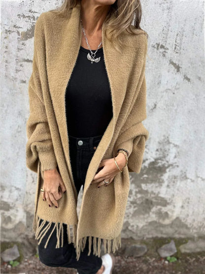 Women's long-sleeved coat with fringes, for everyday wear