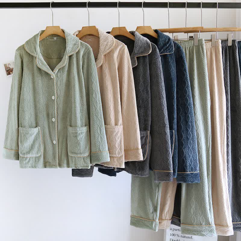 Ownkoti Unisex Solid Color Flannel Pajama Set with Classic Lapel Design