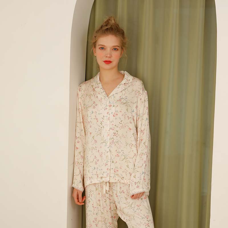 Ownkoti Floral Satin V-Neck Long Sleeve Sleepwear for Ultimate Comfort