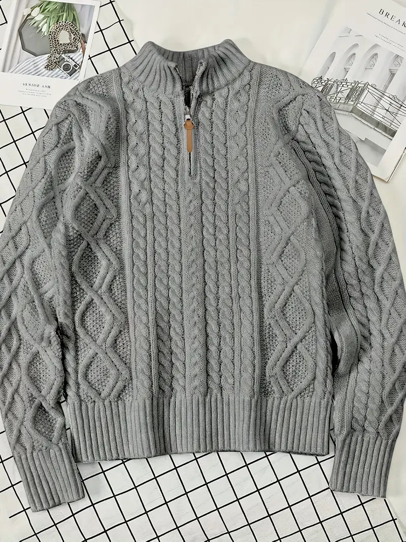 Men's Knitted Half-Zip Sweater with Stand-Up Collar