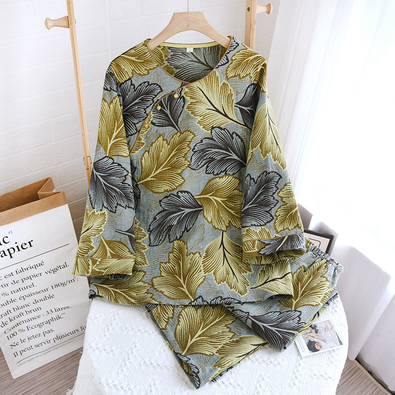 Cotton Loungewear Set with Colorfully Woven Leaf Patterns