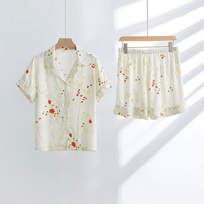 Ownkoti Flower Leaf Breathable V-neck Loungewear Set - Comfortable and Stylish Relaxation Wear