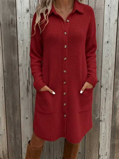 Women's Knitted Midi Shirt Dress with Pockets