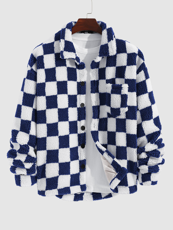 Men's Color Block Checkered Button-Style Flight Velvet Jacket