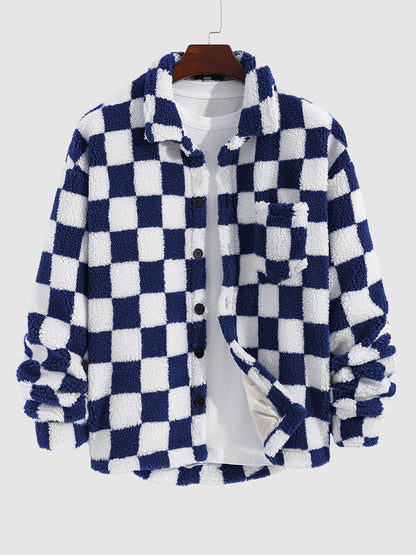 Men's Color Block Checkered Button-Style Flight Velvet Jacket