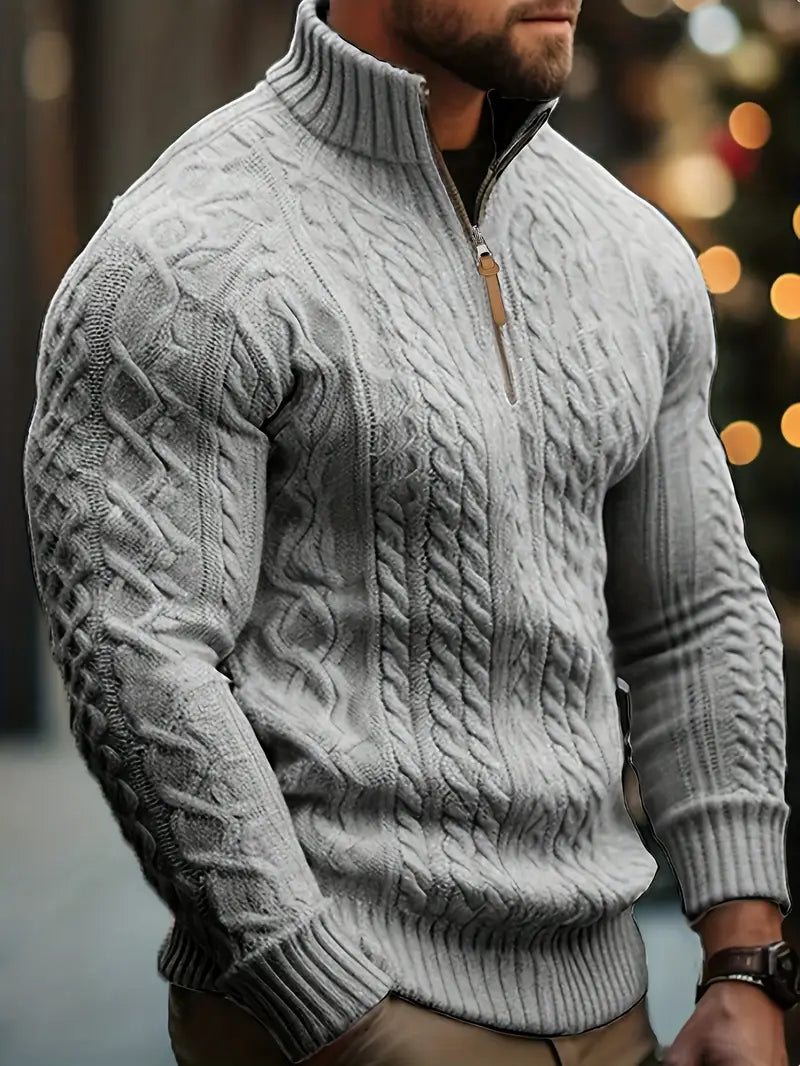 Men's Knitted Half-Zip Sweater with Stand-Up Collar