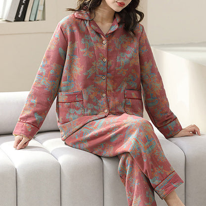 Ownkoti Floral Print Cotton Loungewear Set with Double-Layer Comfort