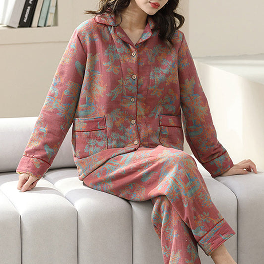 Ownkoti Floral Print Cotton Loungewear Set with Double-Layer Comfort
