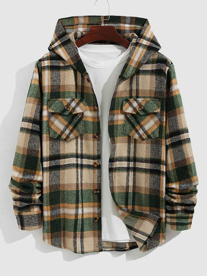 Men's Checked Hooded Wool Blended Collar Jacket