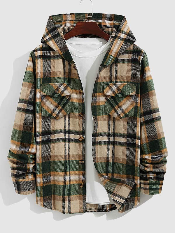 Men's Stylish Plaid Hooded Wool Blend Shirt Jacket with Corduroy Casual Pants