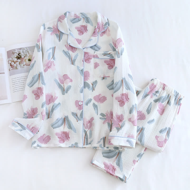 Ownkoti Elegant Floral Pattern Cotton Chiffon Nightwear Set