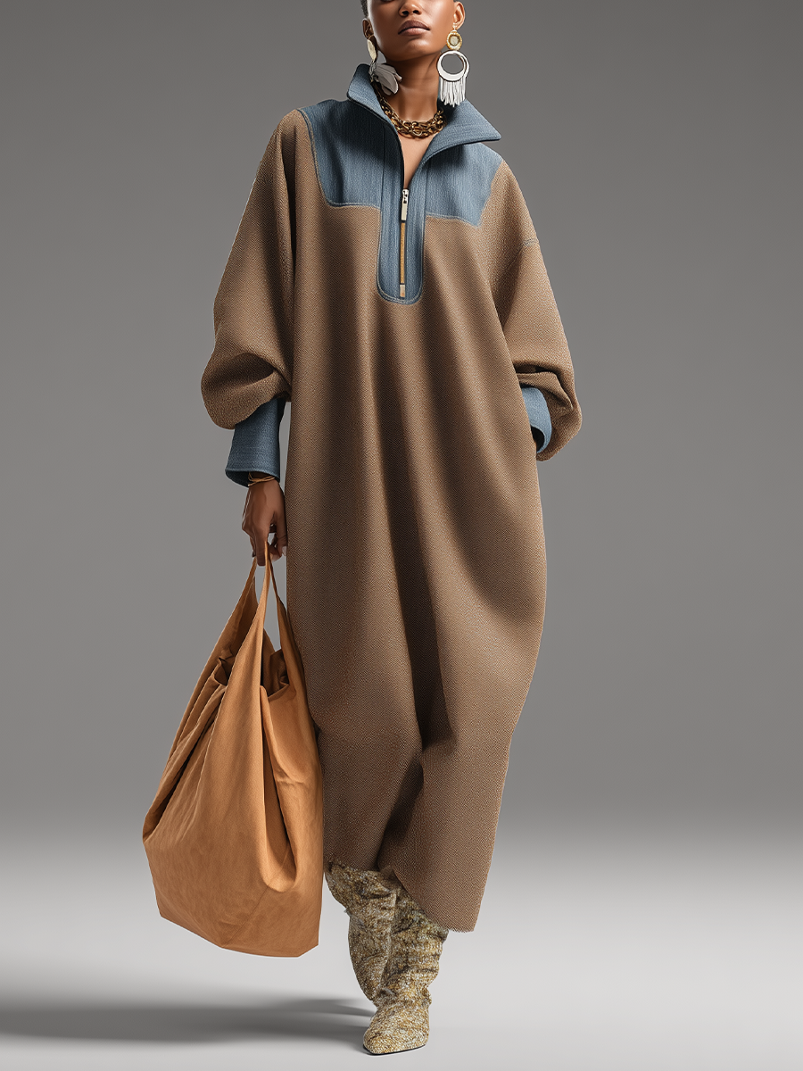 Casual Long Tweed and Blue Denim Dress