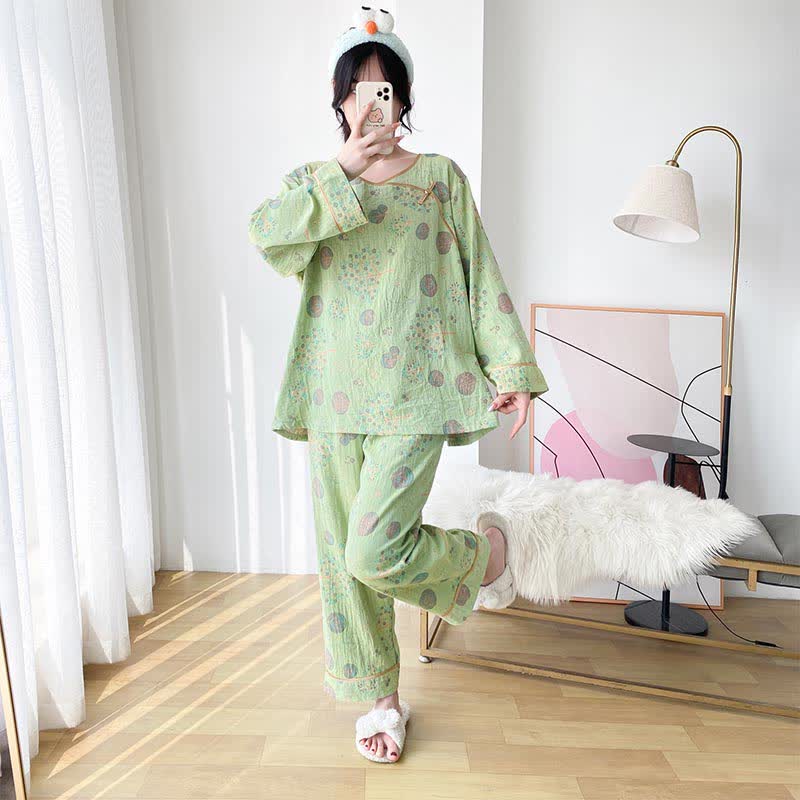 Ownkoti Plus Size Cotton Gauze Loungewear Set with Tree Design