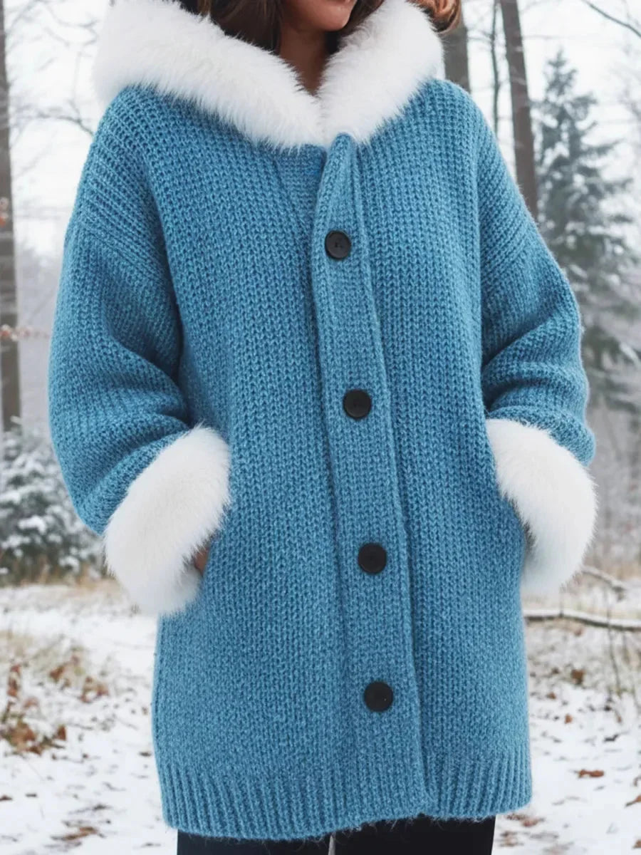 Women’s Knitted Patchwork Faux-Fur Collar Hooded Coat