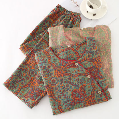 Ownkoti Vintage Jacquard Crew Neck Loungewear Set for Stylish Relaxation