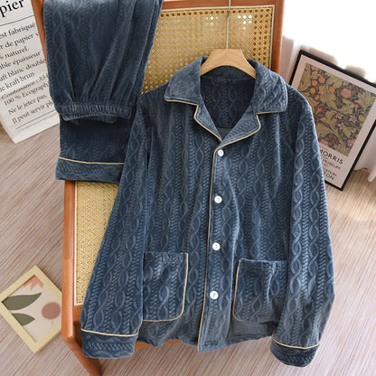 Ownkoti Unisex Solid Color Flannel Pajama Set with Classic Lapel Design