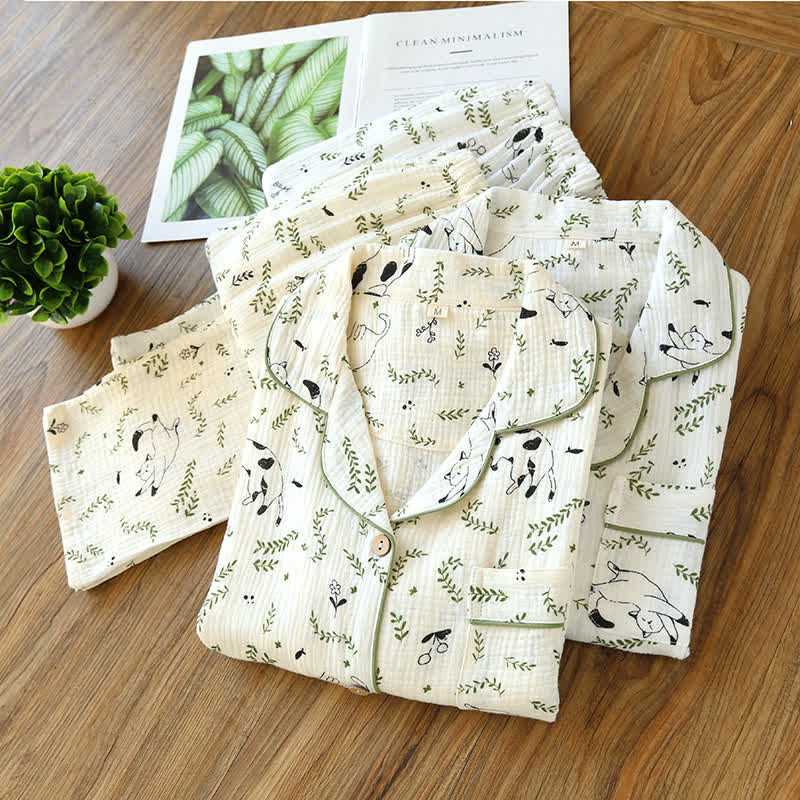 Ownkoti Charming Cotton Pajama Set with Cat and Leaf