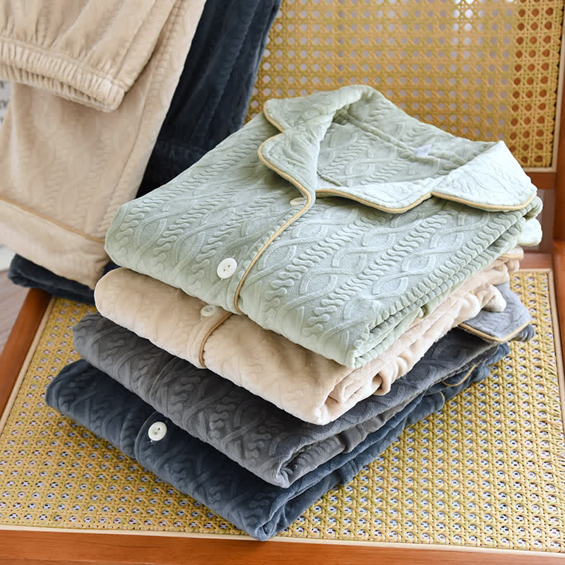 Ownkoti Unisex Solid Color Flannel Pajama Set with Classic Lapel Design