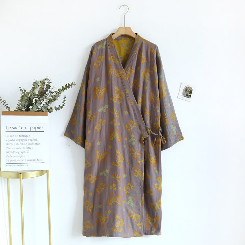 Ownkoti Vintage Butterfly V-Neck Cotton Bathrobe Pajama