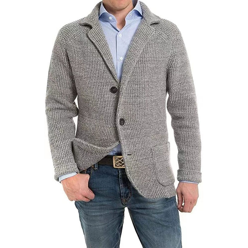 Men's Solid Lapel Knitted Long Sleeve Jacket