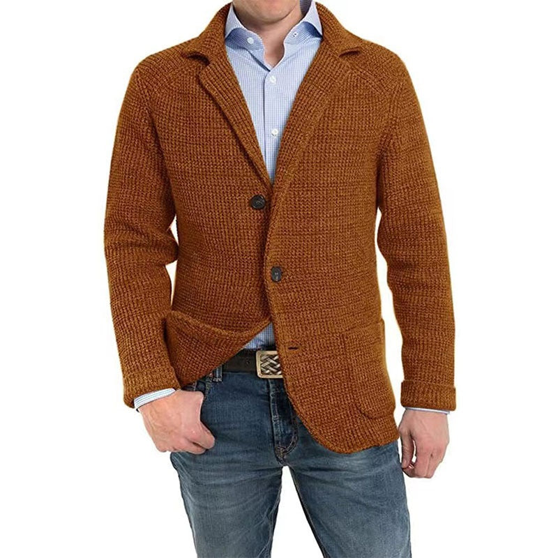 Men's Solid Lapel Knitted Long Sleeve Jacket